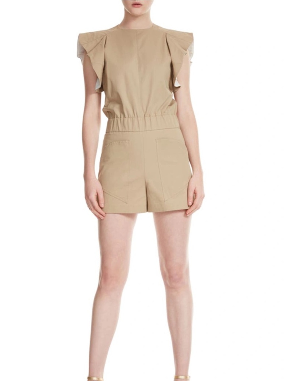 Maje Parvin Beige Contrast Ruffle Sleeve Cotton Romper MSRP $295